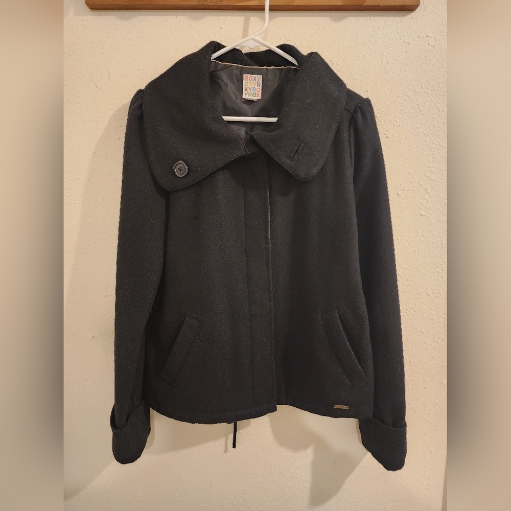 Roxy Black Wool-Blend Pea Coat with Wide Button Collar